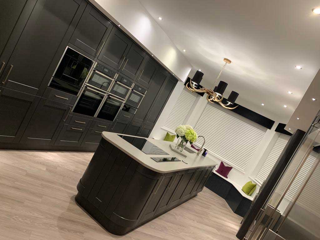 High end kitchen with the electrics, lighting and appliances installed by Penkhull Electrical